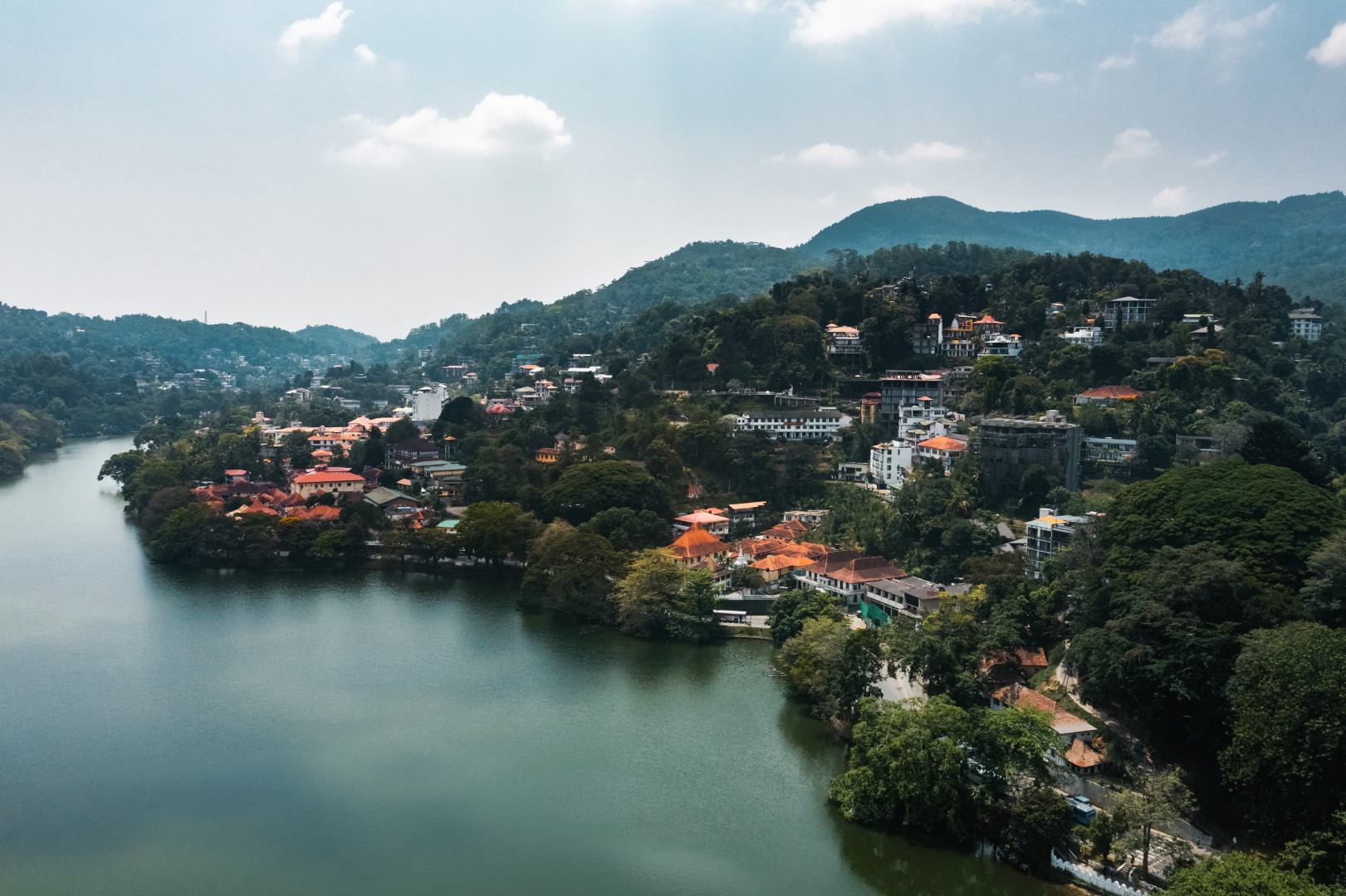 Aerial drone view of Kandy lake and city famous